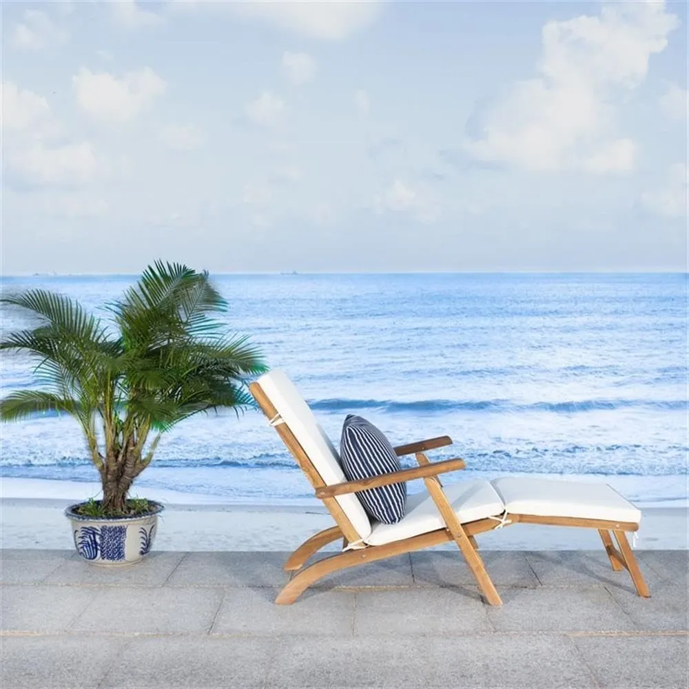 SAFAVIEH Outdoor Collection Palmdale Natural Brown Solid Wood/Beige Cushion with Striped Pillow Chaise Lounge Chair (PAT7015E)
