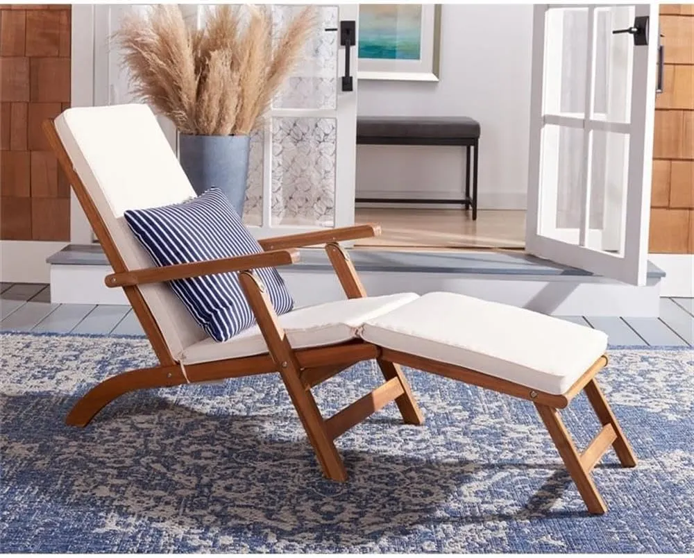 SAFAVIEH Outdoor Collection Palmdale Natural Brown Solid Wood/Beige Cushion with Striped Pillow Chaise Lounge Chair (PAT7015E)