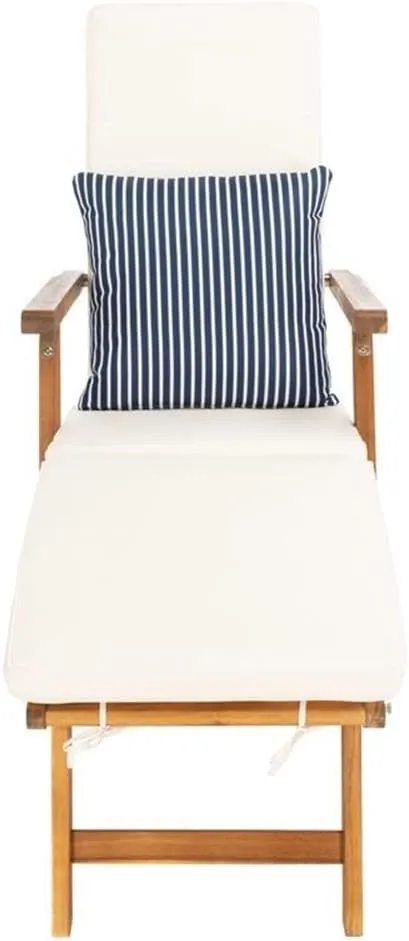SAFAVIEH Outdoor Collection Palmdale Natural Brown Solid Wood/Beige Cushion with Striped Pillow Chaise Lounge Chair (PAT7015E)