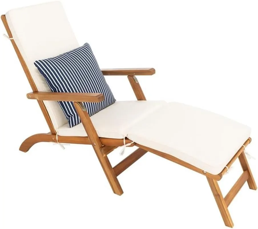 SAFAVIEH Outdoor Collection Palmdale Natural Brown Solid Wood/Beige Cushion with Striped Pillow Chaise Lounge Chair (PAT7015E)