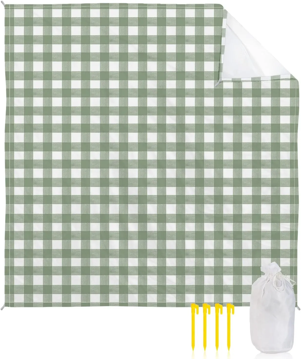 Sage Green Buffalo Plaid Beach Blanket Waterproof Sandproof, Farmhouse Green White Checkered Lightweight Outdoor Picnic Blanket Portable Large Beach Mat for Travel/Camping/Hiking 83"x79"