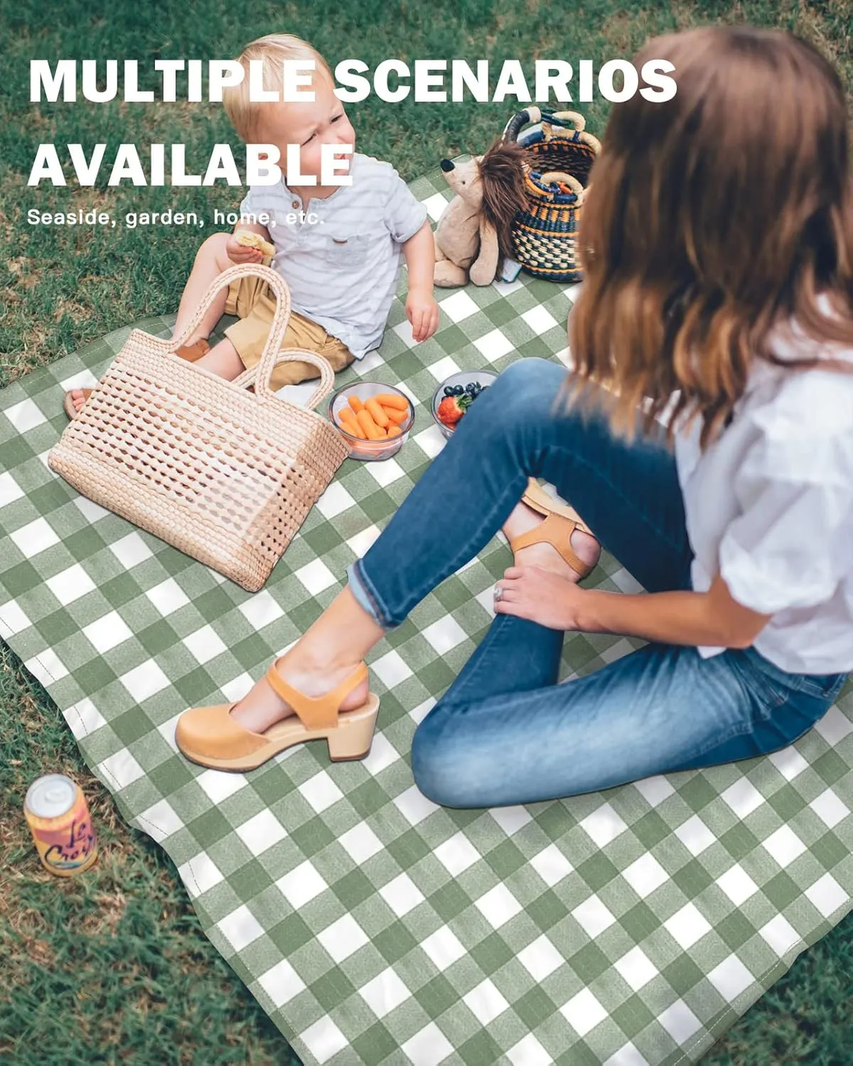 Sage Green Buffalo Plaid Beach Blanket Waterproof Sandproof, Farmhouse Green White Checkered Lightweight Outdoor Picnic Blanket Portable Large Beach Mat for Travel/Camping/Hiking 83"x79"