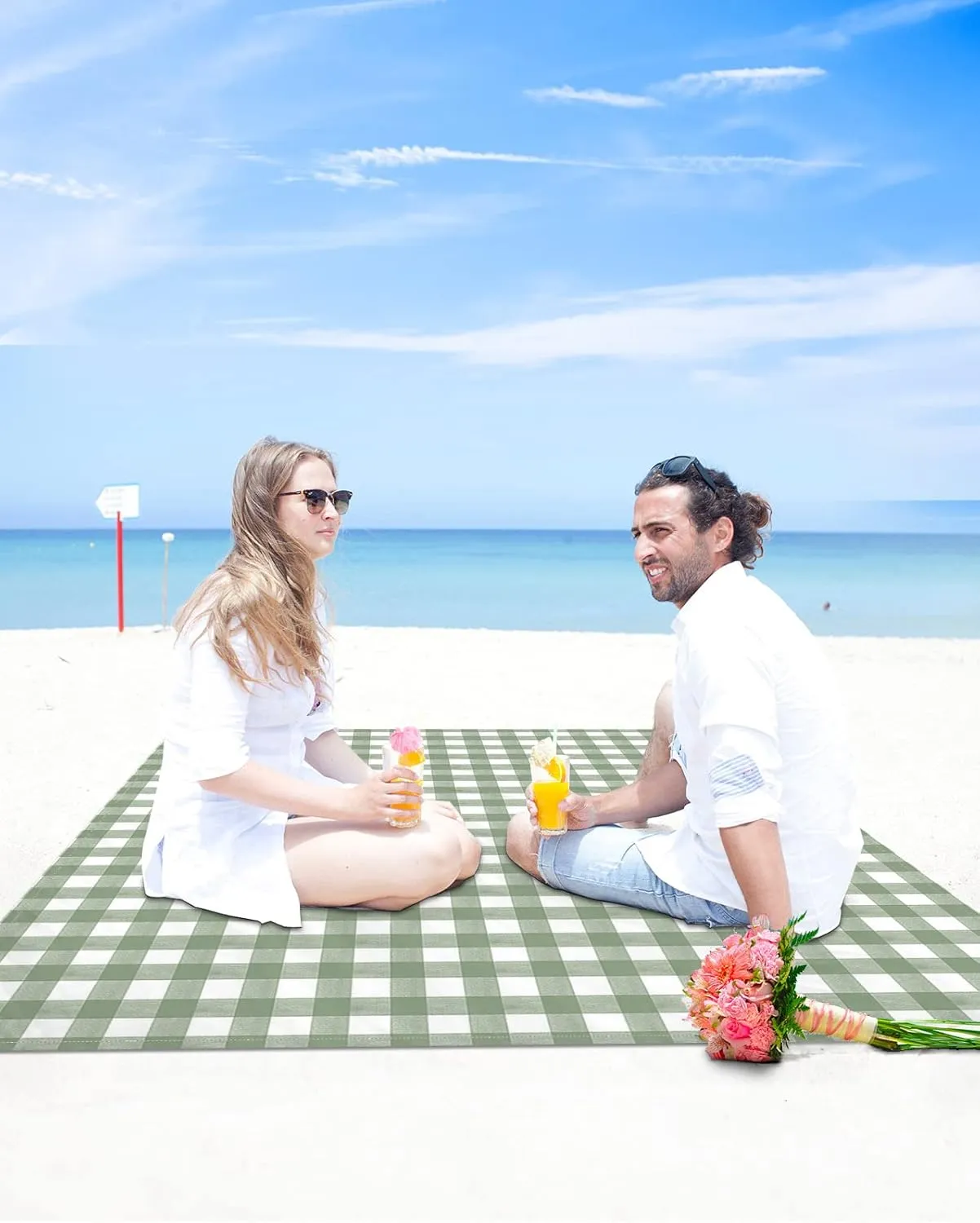 Sage Green Buffalo Plaid Beach Blanket Waterproof Sandproof, Farmhouse Green White Checkered Lightweight Outdoor Picnic Blanket Portable Large Beach Mat for Travel/Camping/Hiking 83"x79"
