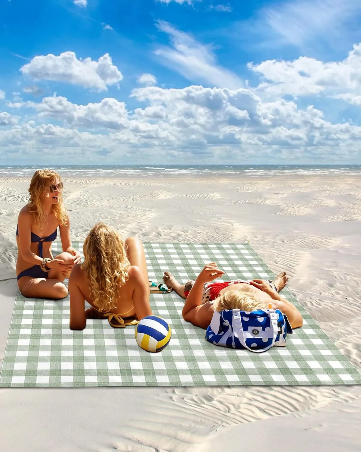 Sage Green Buffalo Plaid Beach Blanket Waterproof Sandproof, Farmhouse Green White Checkered Lightweight Outdoor Picnic Blanket Portable Large Beach Mat for Travel/Camping/Hiking 83"x79"