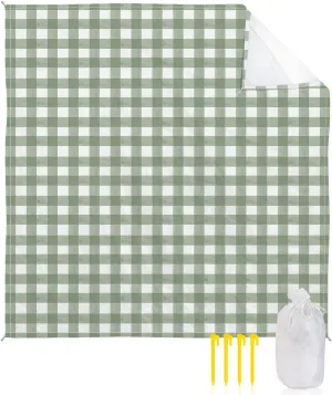 Sage Green Buffalo Plaid Beach Blanket Waterproof Sandproof, Farmhouse Green White Checkered Lightweight Outdoor Picnic Blanket Portable Large Beach Mat for Travel/Camping/Hiking 83"x79"