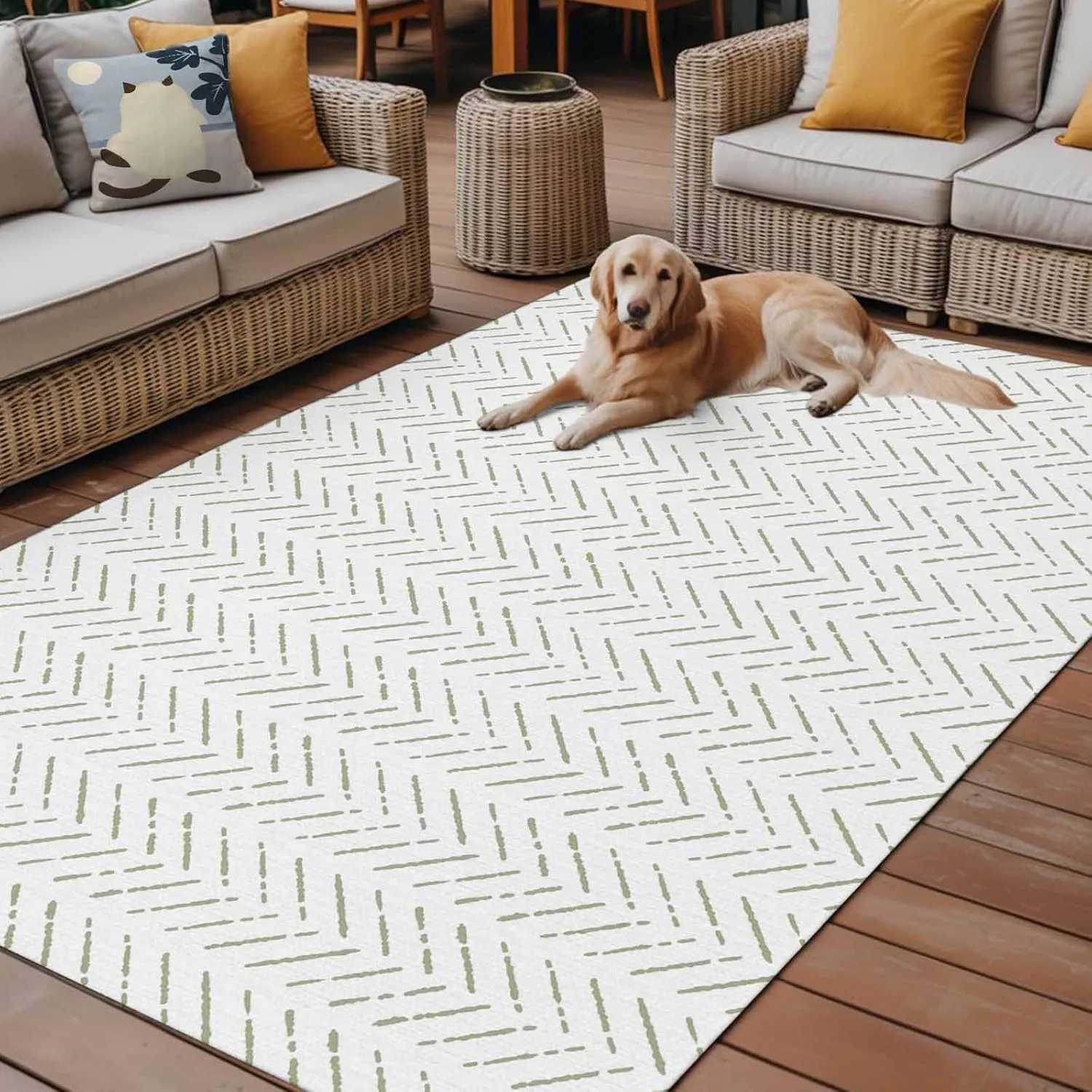 Sage Green Striped Outdoor Patio Rug 5x8ft Large,Washable RV Camping Outside Area Runner Rug Mat,White Geometric Minimalist Boho Striped Carpet for Picnic Backyard Deck Porch Balcony Beach & Indoor
