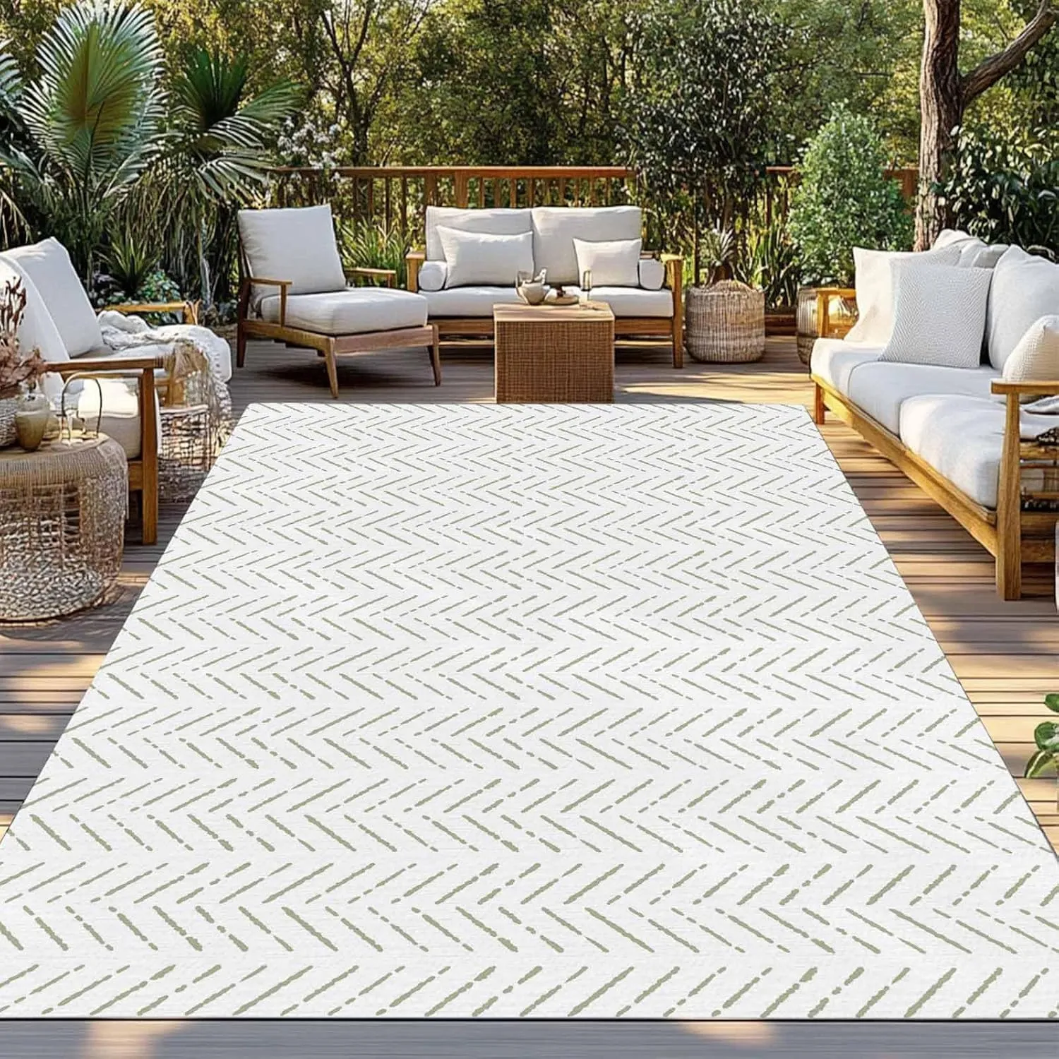 Sage Green Striped Outdoor Patio Rug 5x8ft Large,Washable RV Camping Outside Area Runner Rug Mat,White Geometric Minimalist Boho Striped Carpet for Picnic Backyard Deck Porch Balcony Beach & Indoor