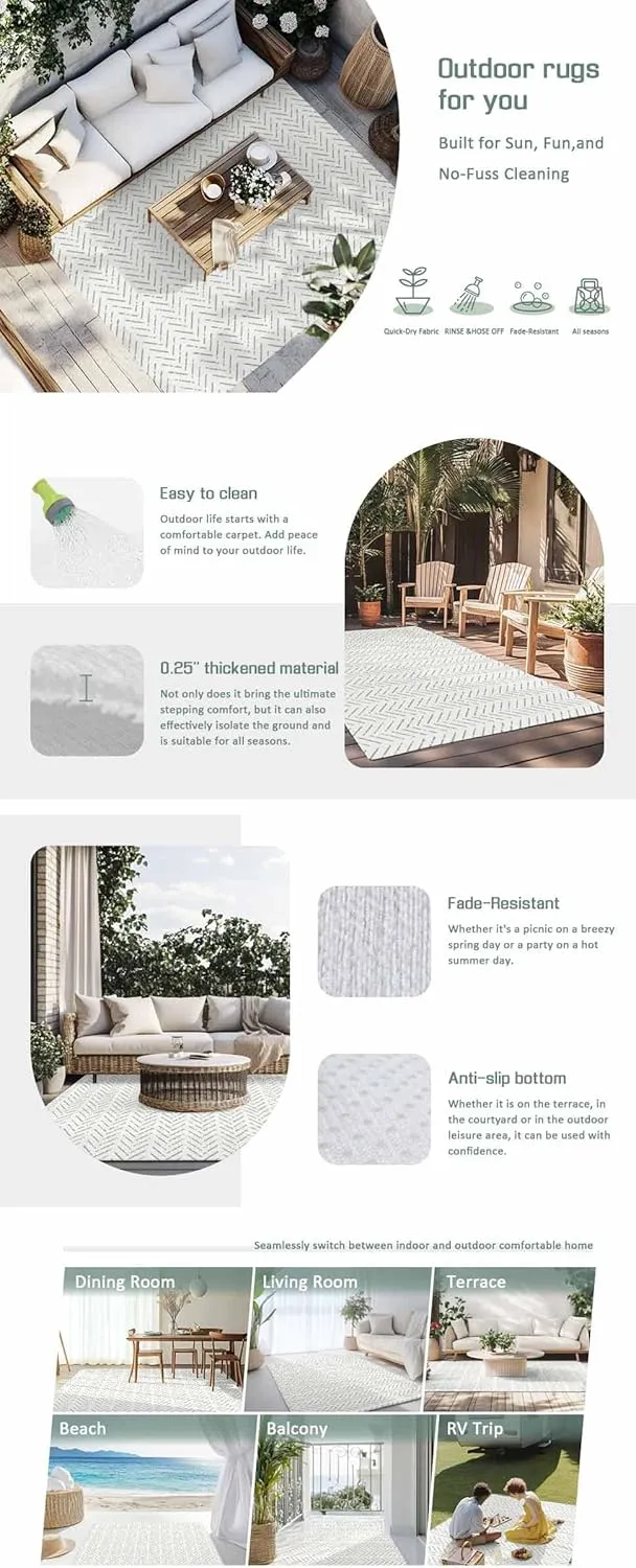 Sage Green Striped Outdoor Patio Rug 5x8ft Large,Washable RV Camping Outside Area Runner Rug Mat,White Geometric Minimalist Boho Striped Carpet for Picnic Backyard Deck Porch Balcony Beach & Indoor