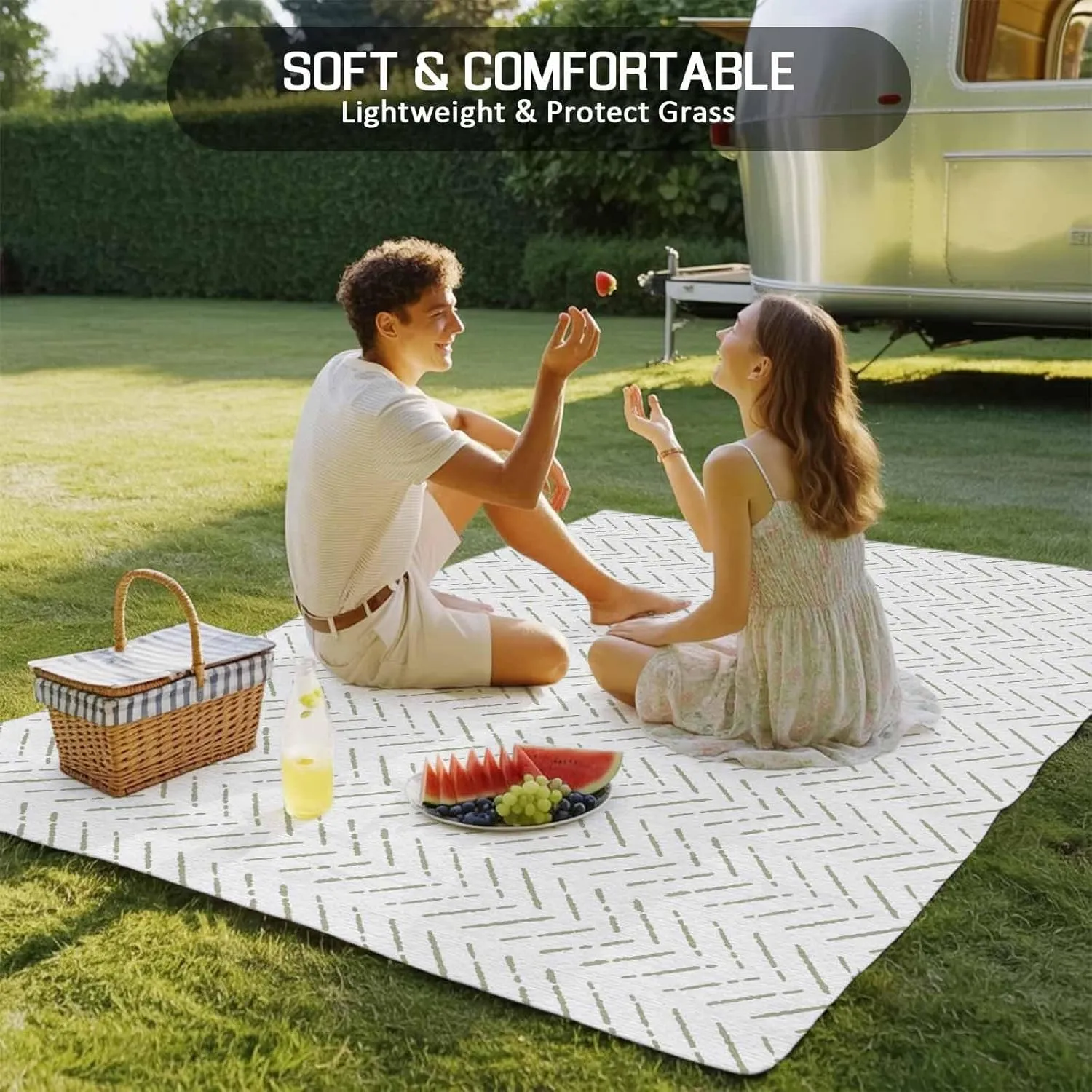 Sage Green Striped Outdoor Patio Rug 5x8ft Large,Washable RV Camping Outside Area Runner Rug Mat,White Geometric Minimalist Boho Striped Carpet for Picnic Backyard Deck Porch Balcony Beach & Indoor