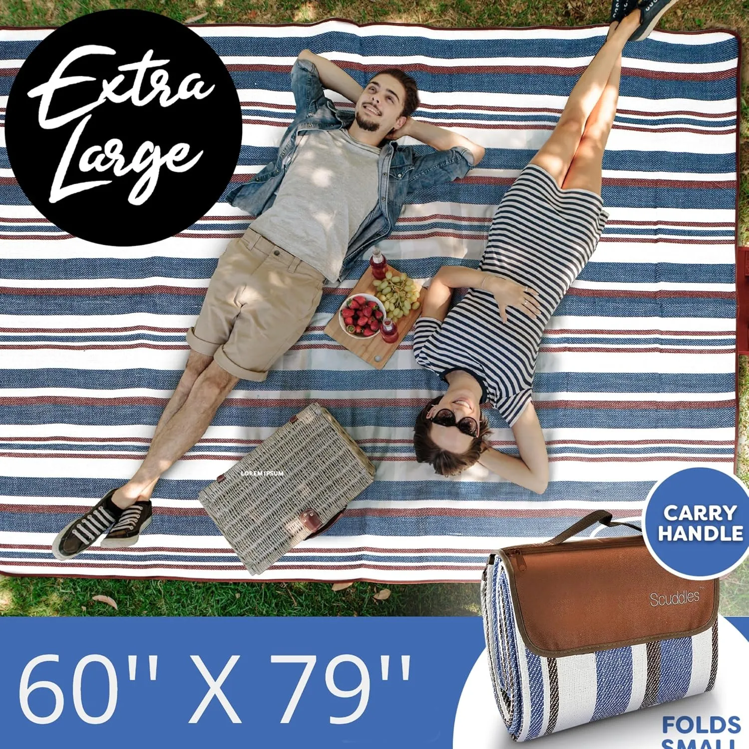 scuddles Extra Large Picnic & Outdoor Blanket with Pocket for iPhone Keys and More Dual Layers for Outdoor Water-Resistant Handy Mat Tote Spring Summer Camping Blanket Great for The Beach