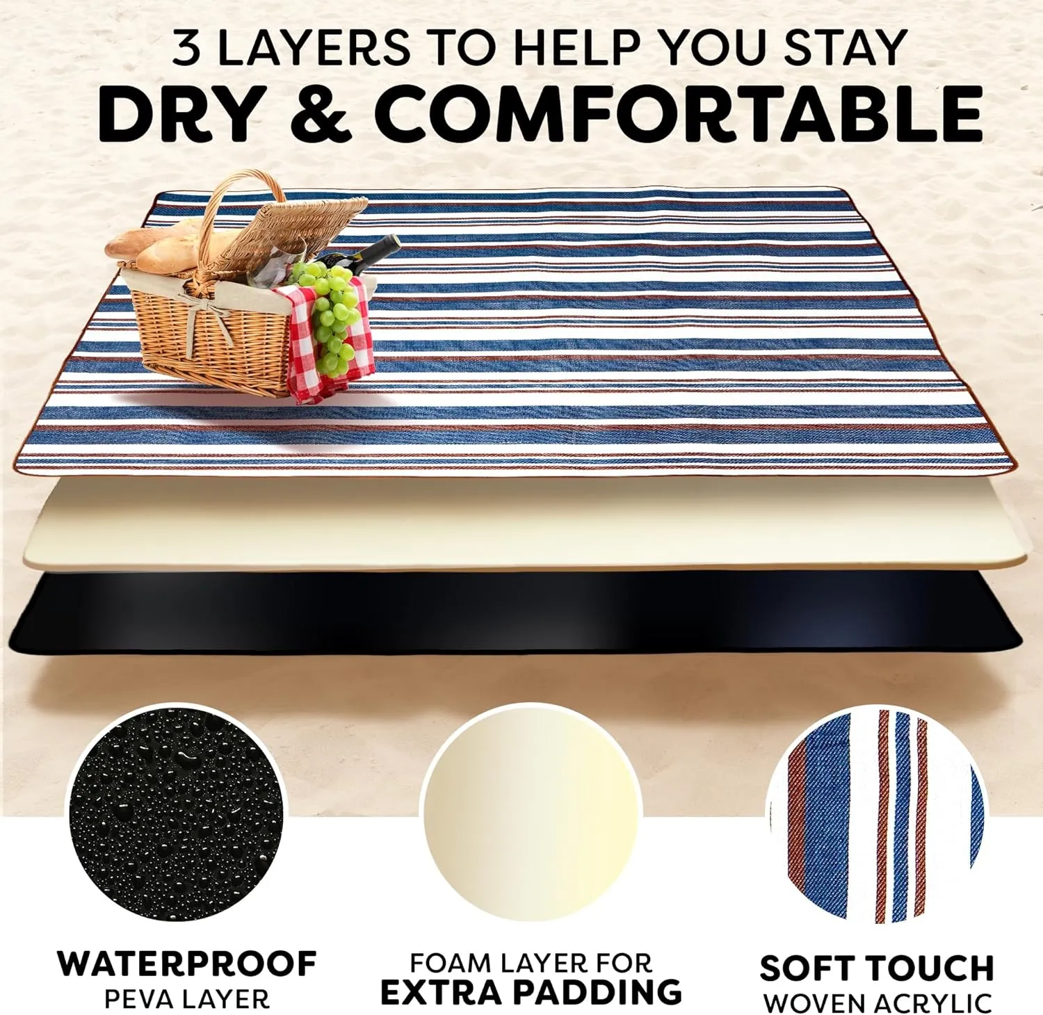 scuddles Extra Large Picnic & Outdoor Blanket with Pocket for iPhone Keys and More Dual Layers for Outdoor Water-Resistant Handy Mat Tote Spring Summer Camping Blanket Great for The Beach