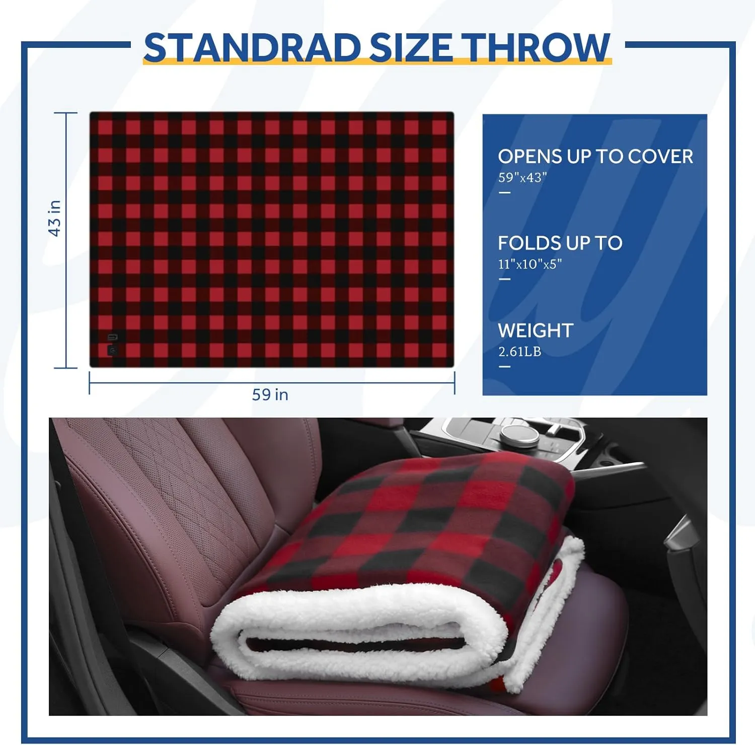 Sealy 12-Volt Heated Car Blanket, Portable Electric Blanket with 3 Heating Levels & 4 Hours Auto Off for Car, Truck, SUV, RV or Camping, Machine Washable, 59" X 43", Plaid