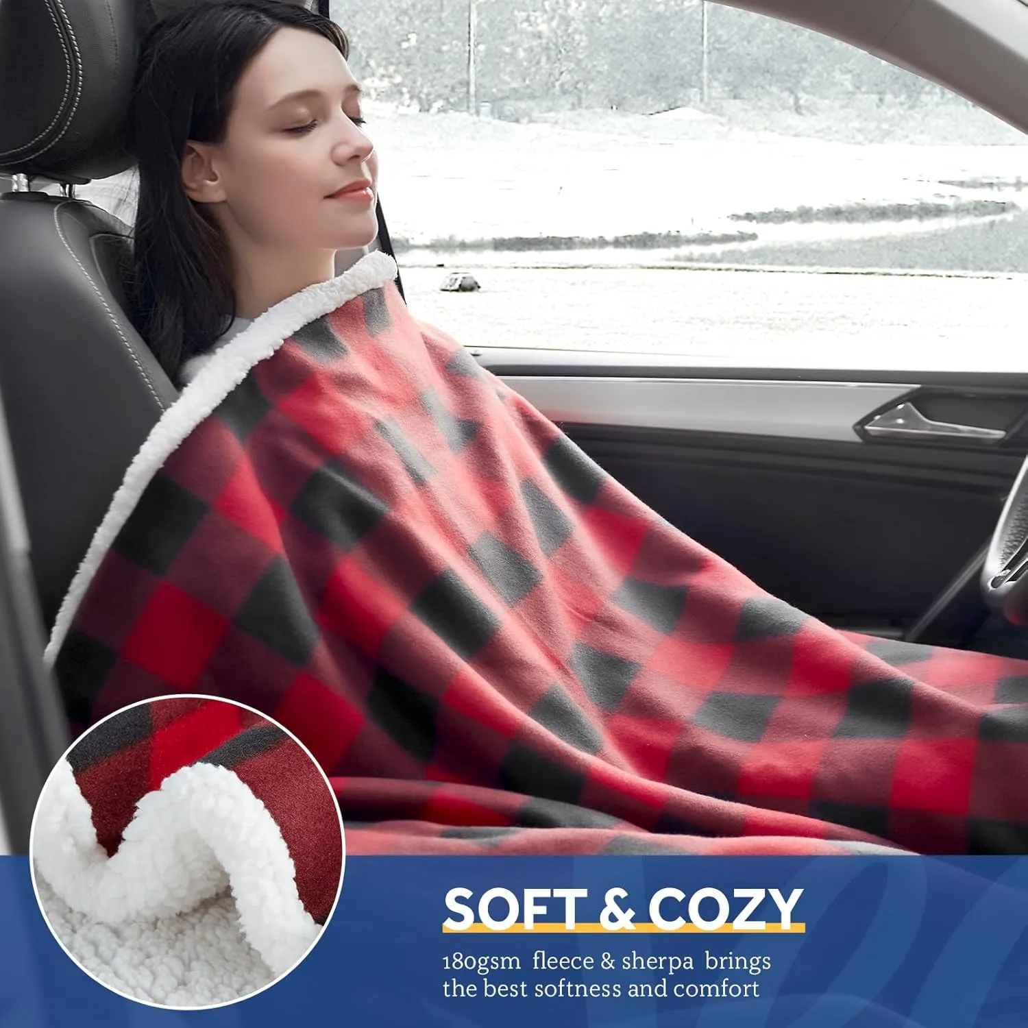Sealy 12-Volt Heated Car Blanket, Portable Electric Blanket with 3 Heating Levels & 4 Hours Auto Off for Car, Truck, SUV, RV or Camping, Machine Washable, 59" X 43", Plaid
