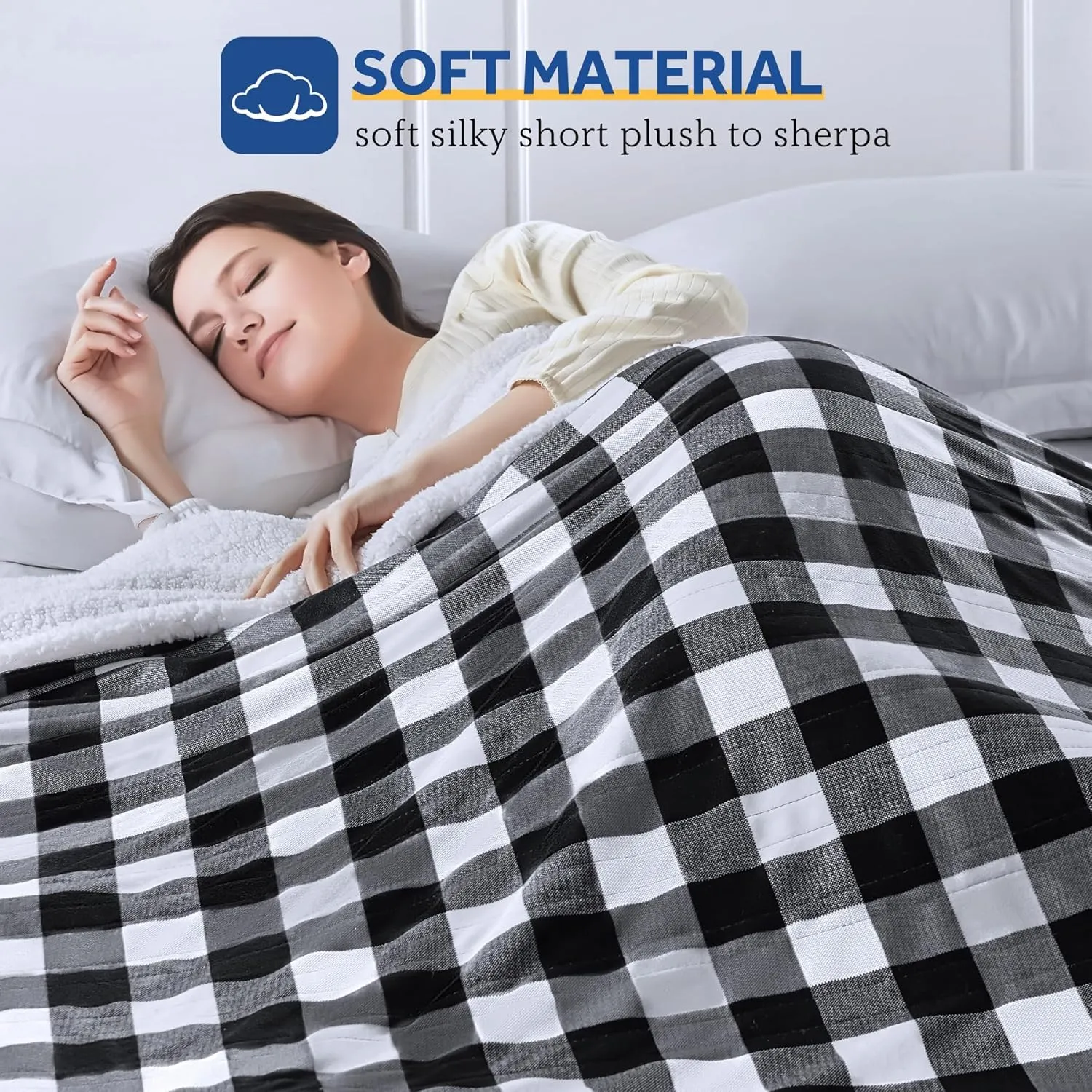 Sealy Electric Blanket Queen Size, Plaid Short Plush & Sherpa Electric Throw Blanket with 10 Heating Levels & 1-12 Hours Auto Shut Off, Machine Washable, Black