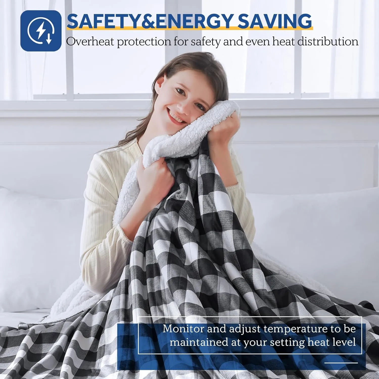 Sealy Electric Blanket Queen Size, Plaid Short Plush & Sherpa Electric Throw Blanket with 10 Heating Levels & 1-12 Hours Auto Shut Off, Machine Washable, Black