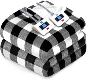 Sealy Electric Blanket Queen Size, Plaid Short Plush & Sherpa Electric Throw Blanket with 10 Heating Levels & 1-12 Hours Auto Shut Off, Machine Washable, Black