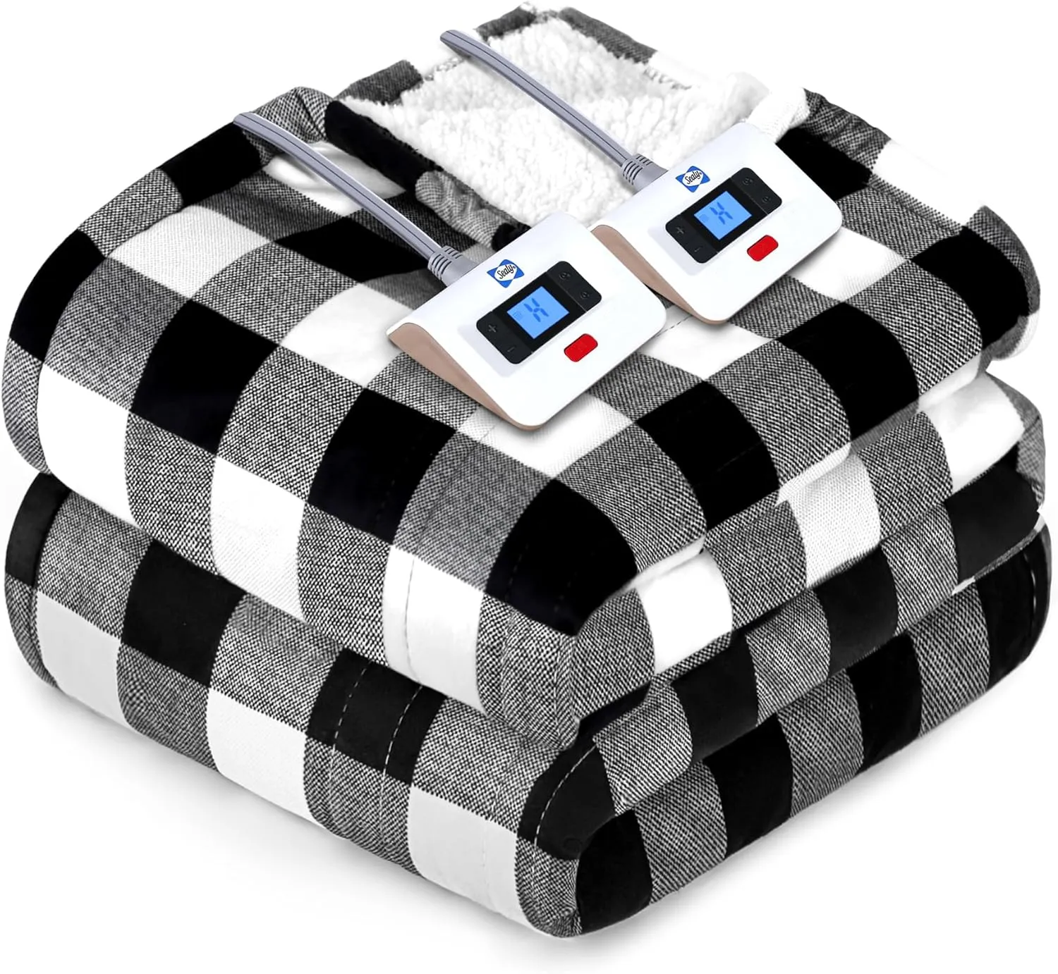 Sealy Electric Blanket Queen Size, Plaid Short Plush & Sherpa Electric Throw Blanket with 10 Heating Levels & 1-12 Hours Auto Shut Off, Machine Washable, Black