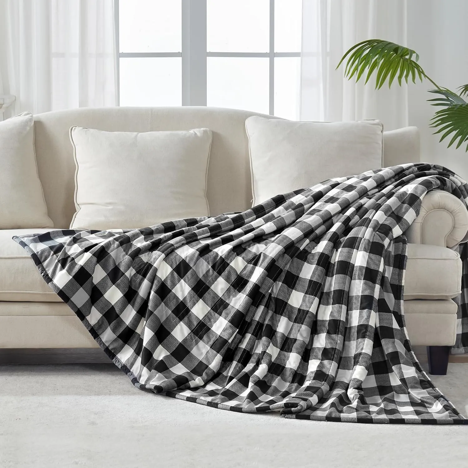 Sealy Electric Blanket Queen Size, Plaid Short Plush & Sherpa Electric Throw Blanket with 10 Heating Levels & 1-12 Hours Auto Shut Off, Machine Washable, Black