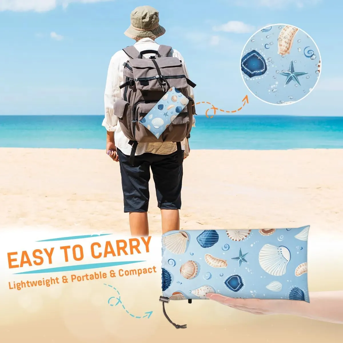 Seashell Starfish Beach Blanket, Sandproof Beach Mat, 68 x 59 Waterproof Quick Drying Sand Free Mat with 4 x Ground Spikes for Outdoor Travel Camping Hiking, Seashell