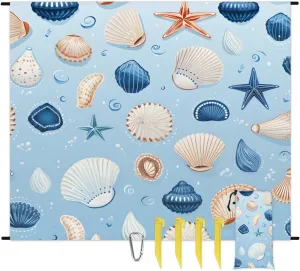 Seashell Starfish Beach Blanket, Sandproof Beach Mat, 68 x 59 Waterproof Quick Drying Sand Free Mat with 4 x Ground Spikes for Outdoor Travel Camping Hiking, Seashell