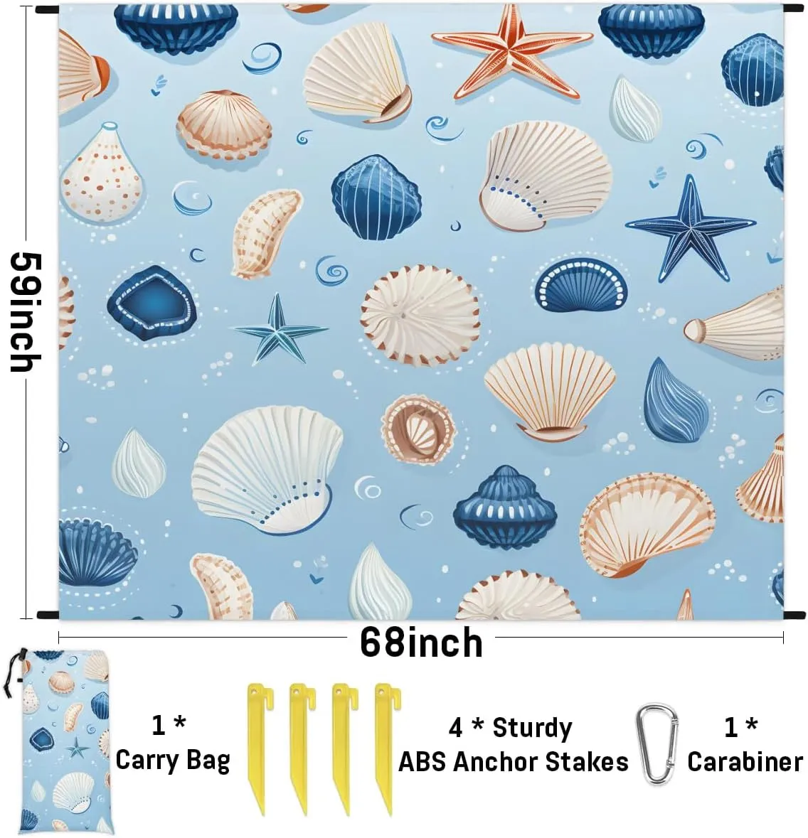 Seashell Starfish Beach Blanket, Sandproof Beach Mat, 68 x 59 Waterproof Quick Drying Sand Free Mat with 4 x Ground Spikes for Outdoor Travel Camping Hiking, Seashell
