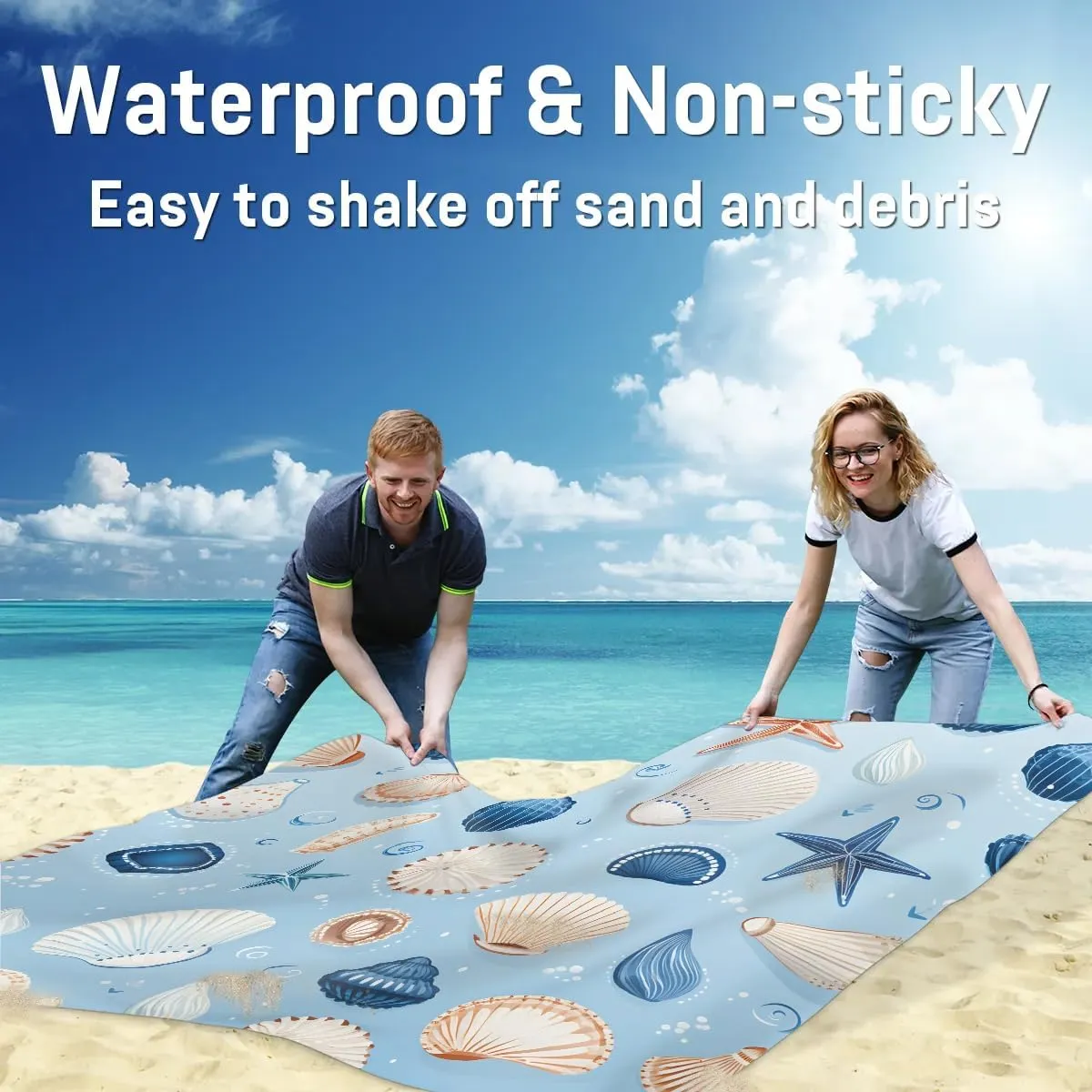 Seashell Starfish Beach Blanket, Sandproof Beach Mat, 68 x 59 Waterproof Quick Drying Sand Free Mat with 4 x Ground Spikes for Outdoor Travel Camping Hiking, Seashell