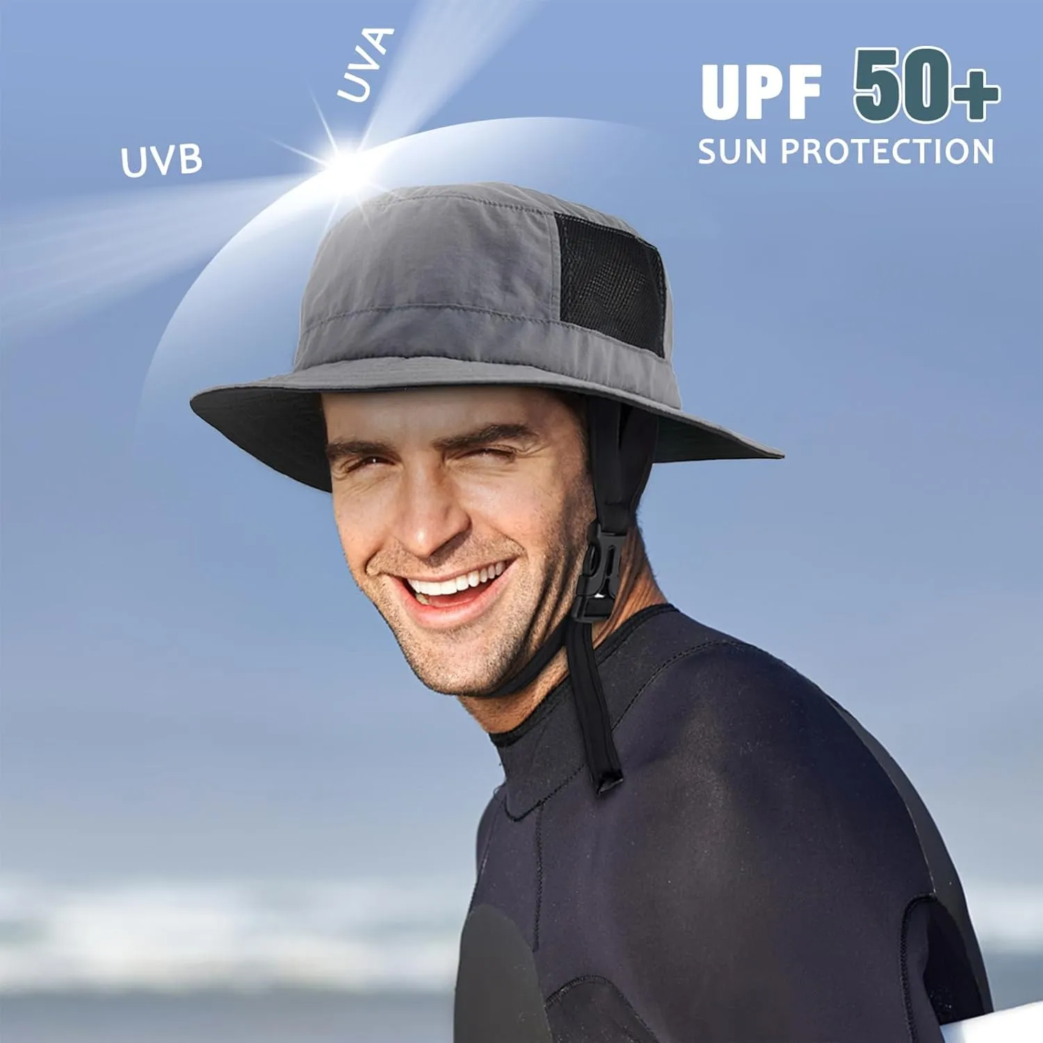 Seektop Surf Bucket Hat with UPF 50  UV Protection, Waterproof Sun Hat with Adjustable Chin Strap for Surfing, Water Sports