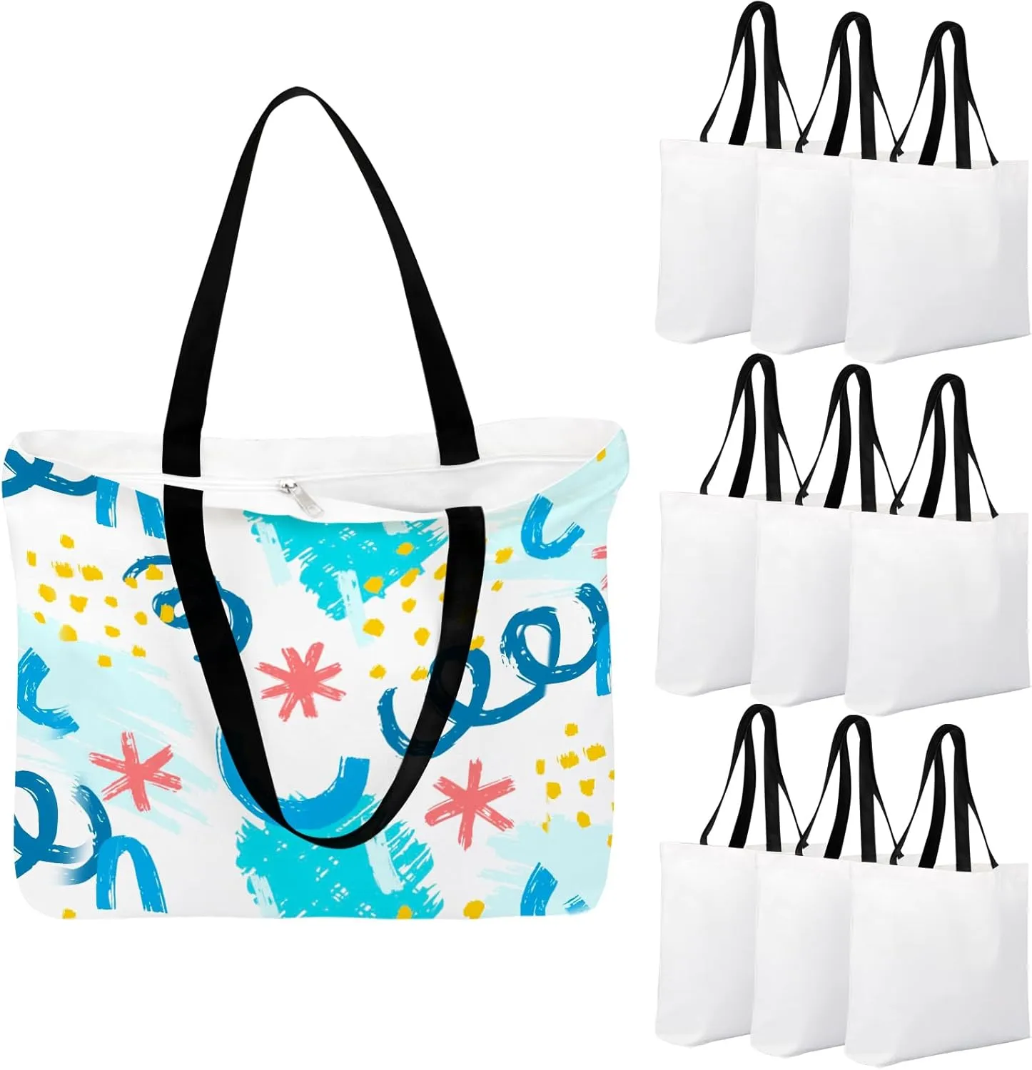 Segarty Sublimation Tote, 10 pack Large White Reusable Women Grocery Bag Blanks with Handle Blank DIY Heat Transfer Canvas Bag with Zipper bulk for Decorating Crafting Gift Travel 12oz