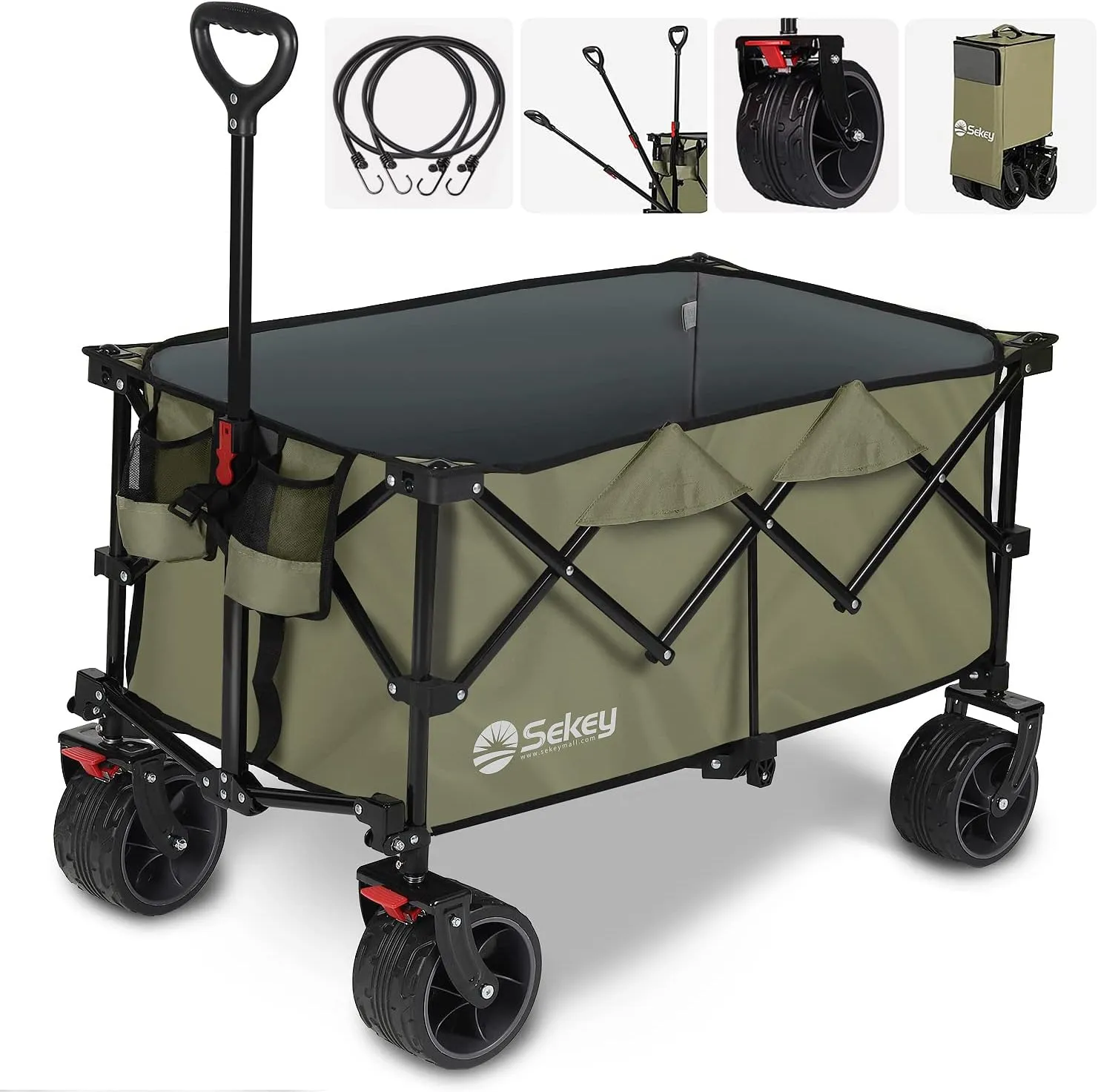 Sekey 220L Collapsible Foldable Wagon with 330lbs Weight Capacity, Heavy Duty Folding Utility Garden Cart with Big All-Terrain Beach Wheels & Drink Holders. Khaki