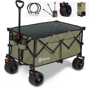 Sekey 220L Collapsible Foldable Wagon with 330lbs Weight Capacity, Heavy Duty Folding Utility Garden Cart with Big All-Terrain Beach Wheels & Drink Holders. Khaki