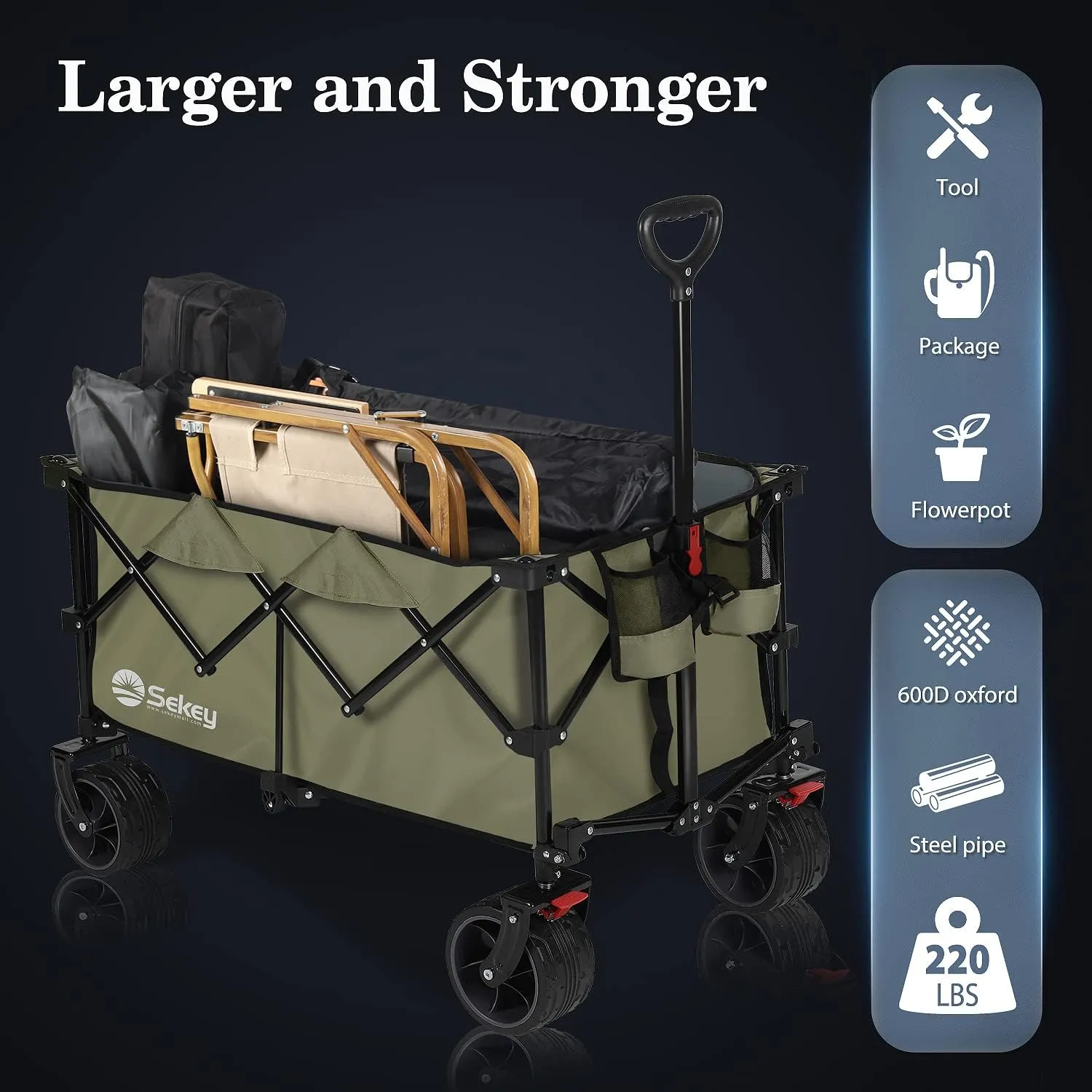 Sekey 220L Collapsible Foldable Wagon with 330lbs Weight Capacity, Heavy Duty Folding Utility Garden Cart with Big All-Terrain Beach Wheels & Drink Holders. Khaki