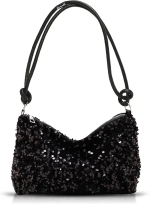 Sequin Evening Bag for Women, Clutch Purses, Leather Shoulder Strap, Underarm Bag, Shoulder Bag for Wedding, Prom, Parties, Travel(Black)