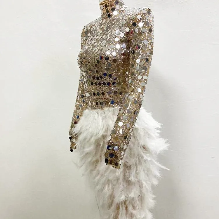 Sequin Feather Silver Mirror Dress - Long Sleeve Festival Party Outfit