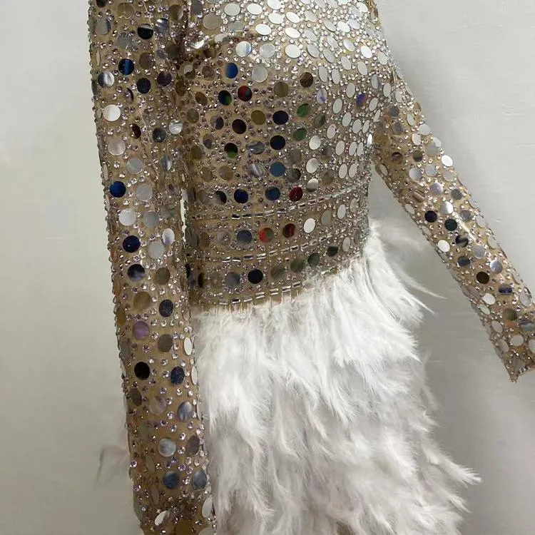 Sequin Feather Silver Mirror Dress - Long Sleeve Festival Party Outfit