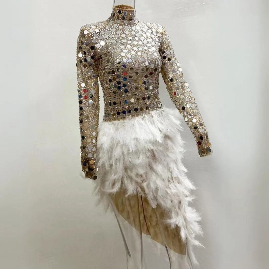 Sequin Feather Silver Mirror Dress - Long Sleeve Festival Party Outfit
