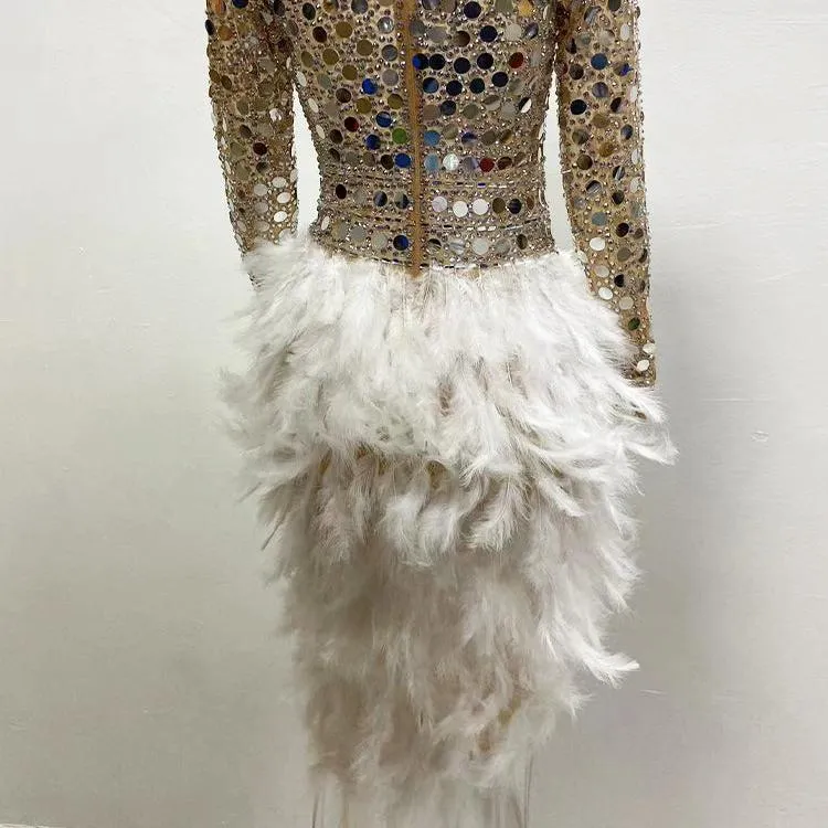 Sequin Feather Silver Mirror Dress - Long Sleeve Festival Party Outfit