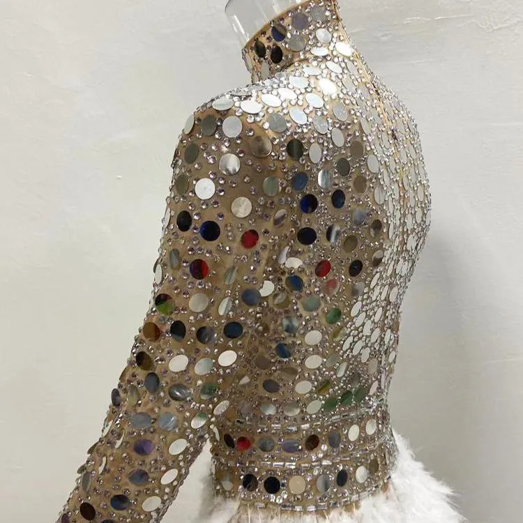 Sequin Feather Silver Mirror Dress - Long Sleeve Festival Party Outfit