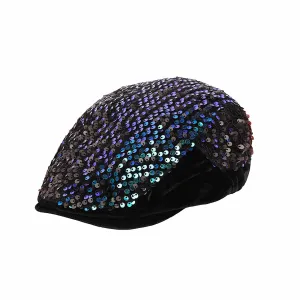 Sequin Flat Cap Winter Velvet Hat (Rainbow, Black)