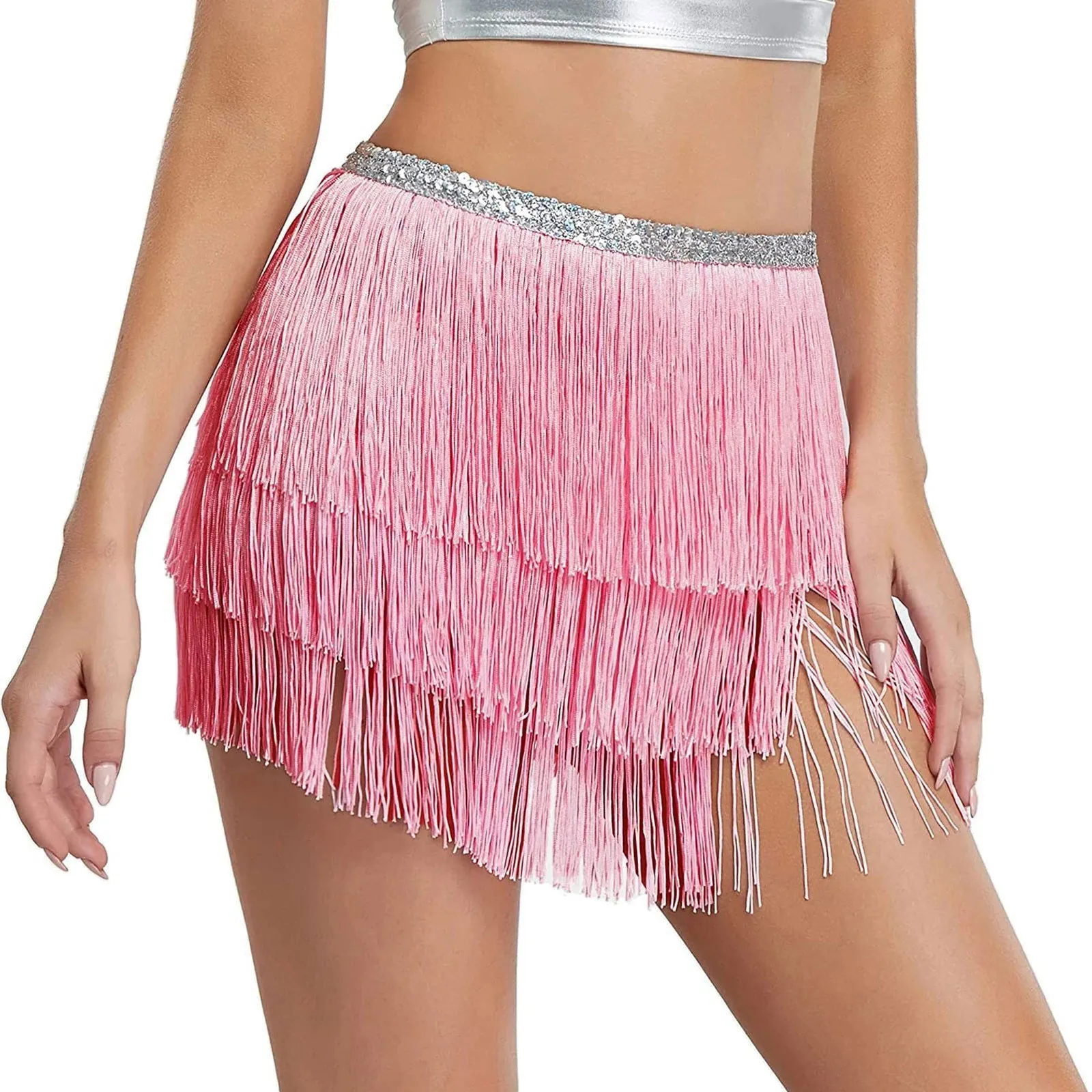 Sequin Layered Fringe Mini Skirt