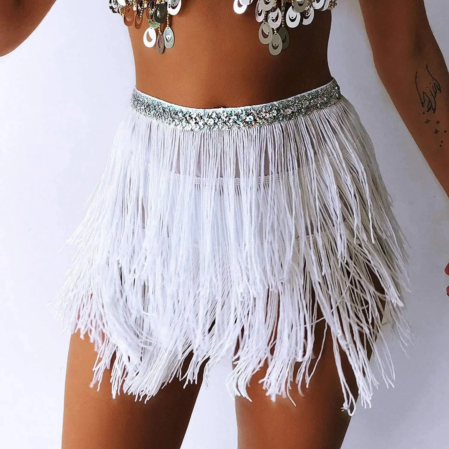 Sequin Layered Fringe Mini Skirt