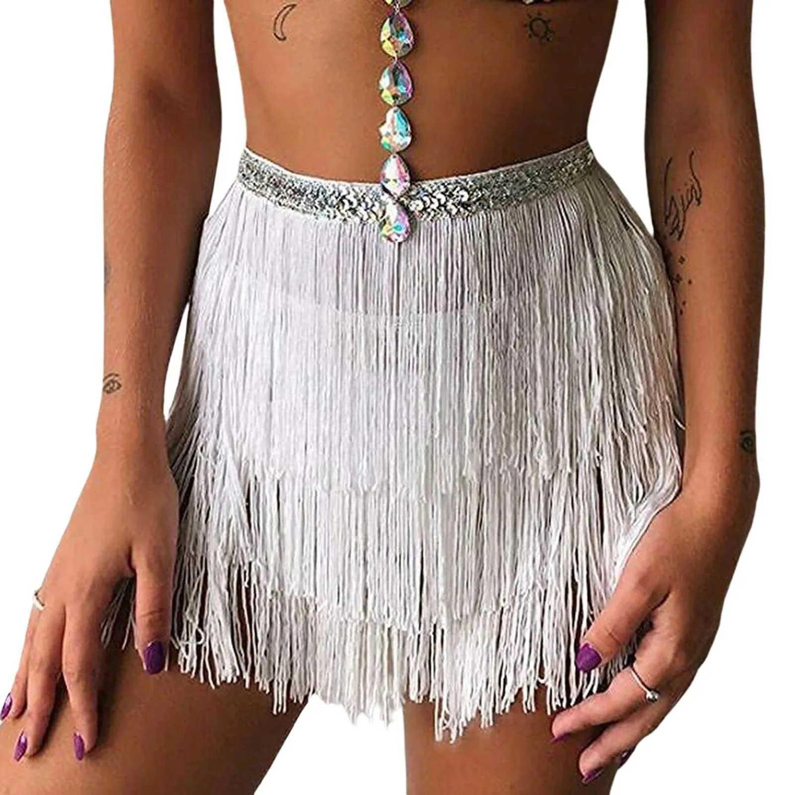 Sequin Layered Fringe Mini Skirt