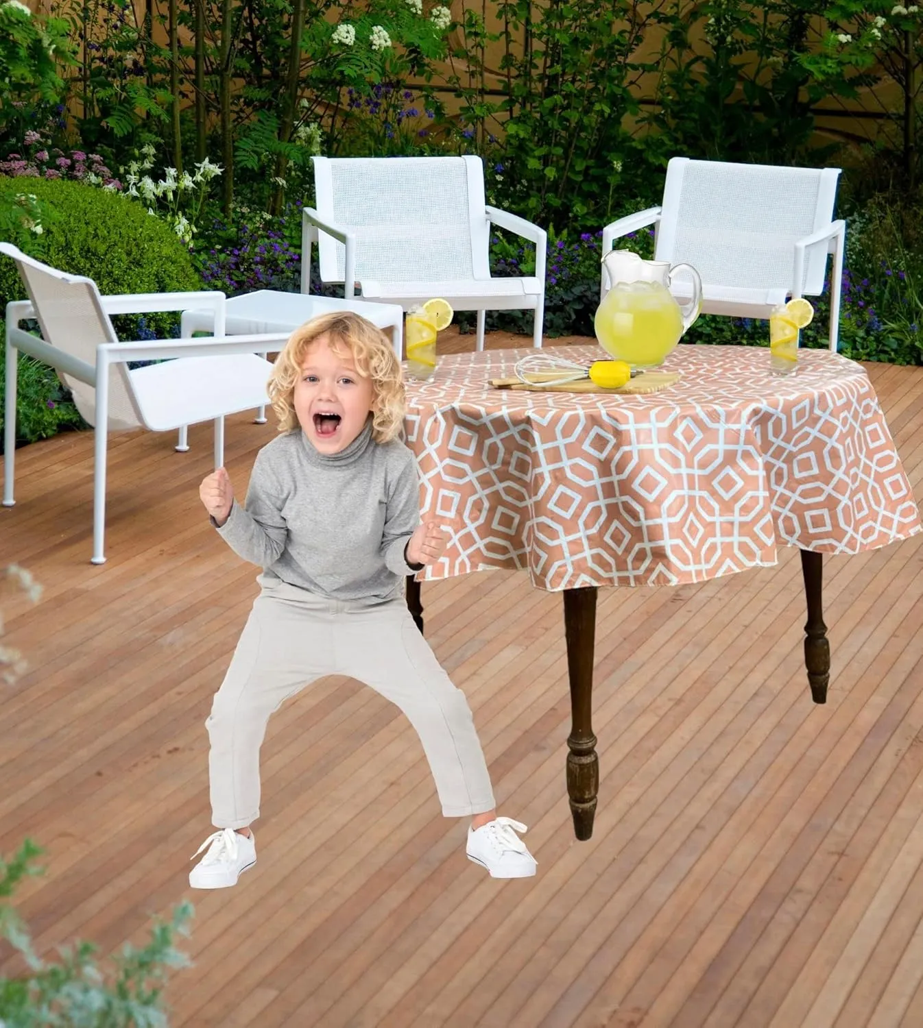 Serafina Home Elrene Summer Flannel Back Vinyl Tablecloths: Patio Table Umbrella Hole and Zipper Table Cover, 52" x 70" inch Rectangle (Orange Geo)