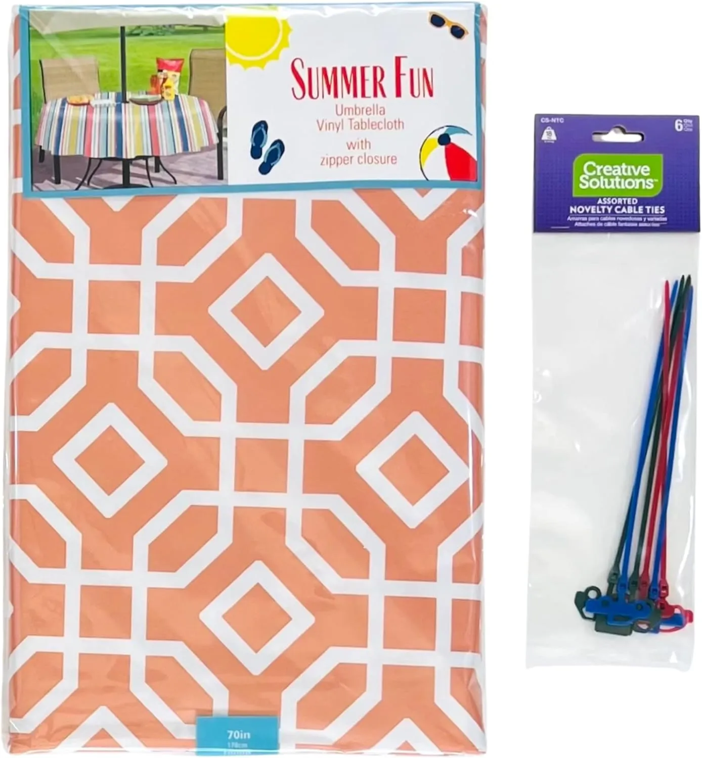 Serafina Home Elrene Summer Flannel Back Vinyl Tablecloths: Patio Table Umbrella Hole and Zipper Table Cover, 52" x 70" inch Rectangle (Orange Geo)
