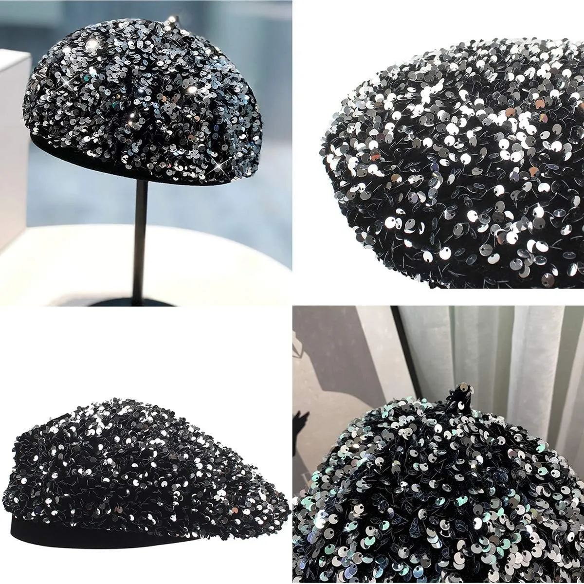 seven wolves Women's Fashion Fun Sparkle Sequins Shimmer Stretch Beret Beanie Hat