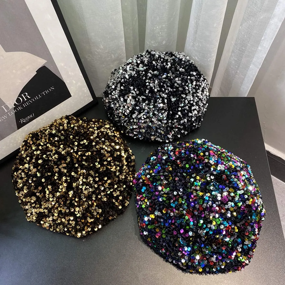 seven wolves Women's Fashion Fun Sparkle Sequins Shimmer Stretch Beret Beanie Hat