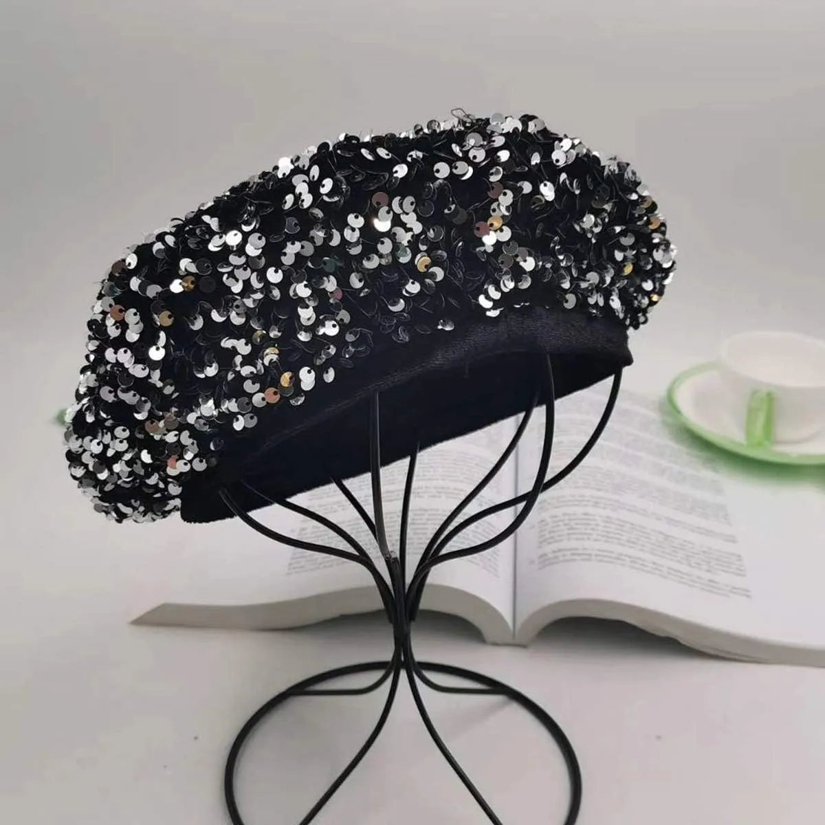 seven wolves Women's Fashion Fun Sparkle Sequins Shimmer Stretch Beret Beanie Hat