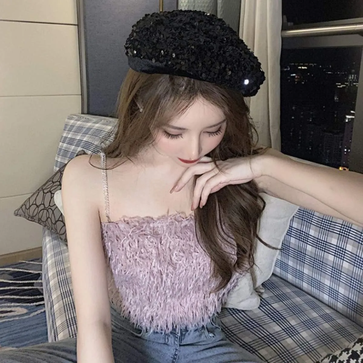 seven wolves Women's Fashion Fun Sparkle Sequins Shimmer Stretch Beret Beanie Hat