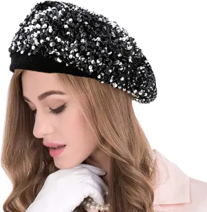 seven wolves Women's Fashion Fun Sparkle Sequins Shimmer Stretch Beret Beanie Hat