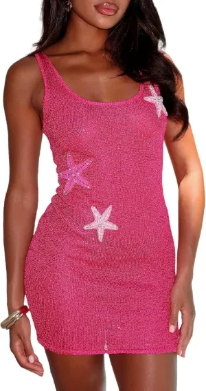 Seyumixi Women Sequin Starfish Short Dress Y2k Square Neck Sleeveless Seashell Dress Sparkly Mini Dresses Vacation Beach