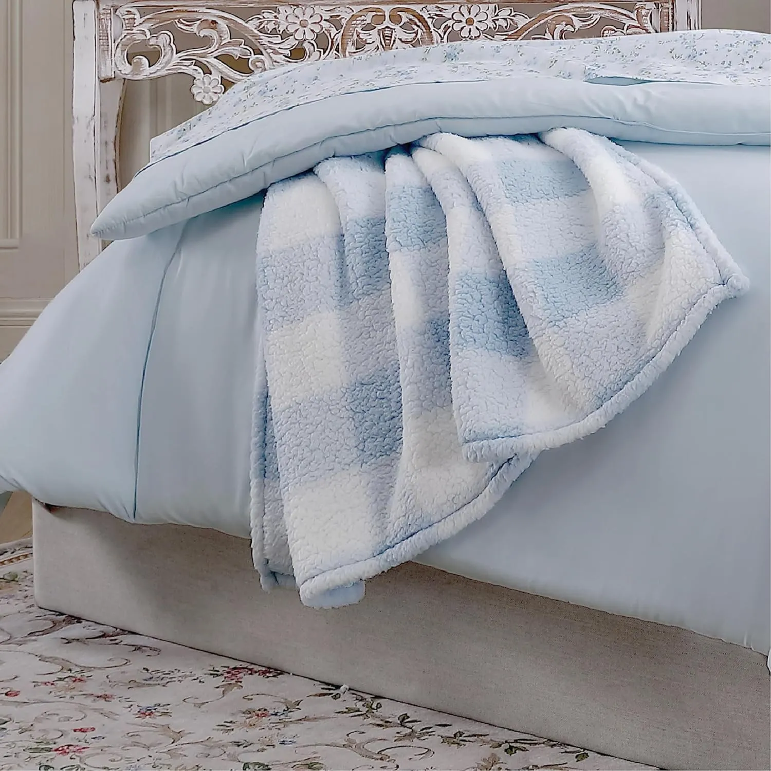 Shabby Chic® - Throw Blanket, Plaid Sherpa Bedding with Solid Reverse, Cozy Home Decor for Bed or Couch (Gingham Blue)